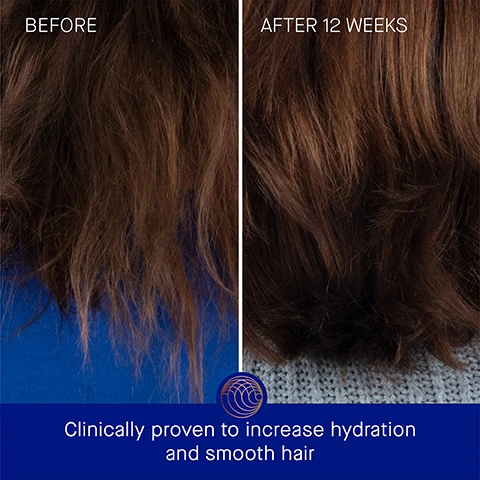 Image 3 - A side-by-side comparison of hair labeled BEFORE on the left with dry, frizzy strands and AFTER 12 WEEKS on the right showing smoother, shinier hair, with the text Clinically proven to increase hydration and smooth hair at the bottom.
Image 4 - Image showing a side-by-side comparison of a persons scalp before and after 12 weeks of treatment, with visible text reading BEFORE on the left and AFTER 12 WEEKS on the right, along with additional text at the bottom stating Clinically proven to smooth and support natural hair growth.
Image 5 - A blue bottle of Augustinus Bader hair oil with a copper cap is displayed against a light background, accompanied by text stating clinically proven results: hair smoothness is increased by 3.7x, hair strength is increased by 2.3x, and reduces broken and damaged hair by 93%, with a note about a clinical trial of 35 women and men.
Image 6 - Image of a blue bottle of hair oil with an orange cap, displaying text indicating user results: 97% agree hair feels nourished, 96% agree frizz looks reduced, 90% agree helps repair split ends; background is a light marble surface and a footnote cites a consumer study.
Image 7 - A hair oil bottle with a blue gradient design prominently displays the text AB Augustinus Bader THE HAIR OIL WITH TFC8® and surrounding benefits of TFC8®, Argan Oil, Vitamin E, and Baobab Oil in white and light orange text.
Image 8 - Image shows three steps for a hair care routine: Step 1 describes dispensing 1-3 drops into hands for application, Step 2 advises using fingers or The Neem Comb to distribute the product, and Step 3 states not to rinse and suggests using 2-3 times per week for best results.
Image 9 - An image detailing a hair care routine with five steps: 1. Cleanse, featuring the rich shampoo; 2. Condition, featuring the rich conditioner; 3. Renew, featuring the scalp treatment; 4. Revitalize, featuring the leave in-hair treatment; 5. Nourish, featuring the hair oil.