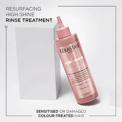 Image 1, Resurfacing high shine rinse treatment- sensitised or damaged colour-treated hair. Image 2, Before and After image- Illustration of the anticipated results obtained after applying the products  bain chroma respect, fondant cica chroma, soin acide chroma gloss, serum chroma thermique after one use and styling. Results may vary from one individual to another. Image 3, Chroma Absolu, after 6 weeks, 92% of colour intensity is preserved, up to 74% more shine, up to 96% stronger hair, 98% of women agree that their hair feels nourished- instrumental test.21 applications of bain and fondant vs first day of colour, instrumental test. compared to before treatment with bain, instrumental test. soin acide and serum vs classic shampoo with sensitised hair, consumer test .51 women using bain riche, masque and serum with coloured hair. Image 4, Key Ingredients- Amino Acid, Tartaric Acid, Lactic Acid.