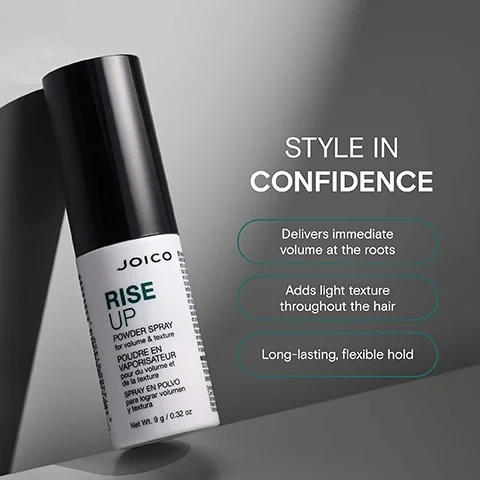 Image 2 - A bottle of Joico Rise Up Powder Spray for volume & texture leans against a dark background, with text reading STYLE IN CONFIDENCE, Delivers immediate volume at the roots, Adds light texture throughout the hair, and Long-lasting flexible hold.