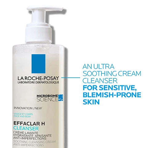 Image 1 - A transparent pump bottle of La Roche-Posay Effaclar H Cleanser with a blue square logo, labeled as an ultra soothing cream cleanser for sensitive, blemish-prone skin, and text in French indicating it is for face and body.
Image 2 - A close-up of a hand applying a creamy lotion to wet skin, with visible text providing instructions that say massage gently on wet skin and rinse off, in case of contact with eyes, rinse them immediately and thoroughly.
Image 3 - An image of a round, translucent gel with a soft texture is shown, accompanied by the text that reads Formulated for skin post anti-acne treatment and Enriched with Orellana extract, shea butter & niacinamide.
Image 4 - A bottle of La Roche-Posay Effaclar H Cleanser with a pump on the left and a tube of Effaclar H Moisturiser on the right; visible text includes Effaclar Cleanser and Effaclar Moisturiser, along with additional descriptions of the products.
Image 5 - Image of a person in a white lab coat with a blue background, featuring text that states No. 1 DERMATOLOGIST RECOMMENDED BRAND IN THE UK* with a smaller note at the bottom that reads Study of 73 Consultant Dermatologists Jan-April 2023.
Image 6 - Image shows three circular graphics with descriptions of skincare ingredients, including Orellana Extract, which helps reduce oily skin; Shea Butter, which helps boost skin moisture; and Niacinamide, which helps retain natural skin moisture.