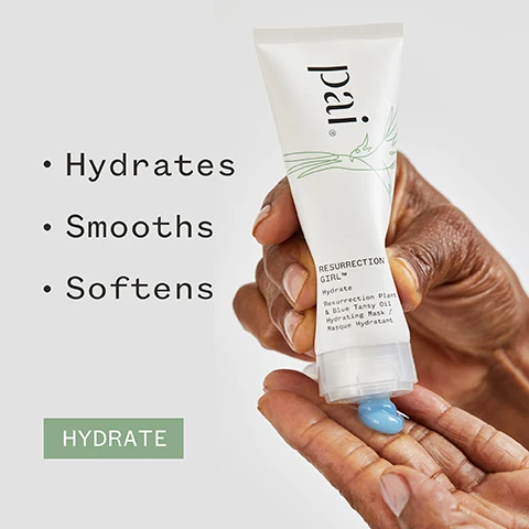 Image 1 - A hand holds a tube of Pai skincare product labeled Resurrection Girl which dispenses a blue hydrating mask, with nearby text listing its benefits: Hydrates, Smooths, Softens, and a button that says HYDRATE.
Image 2 - A tube of Pai Resurrection Gel is submerged in bubbles against a light background, with text stating 90% said skin felt instantly hydrated and including organic and vegan certification logos along with a note about a consumer trial.
