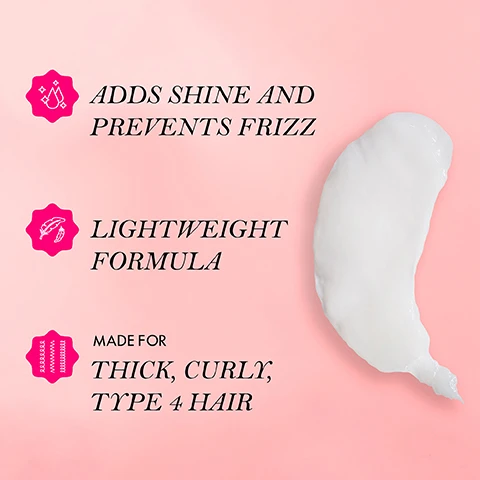 Image 3 - An attractive hair product blob on a soft pink background, with visible text stating adds shine and prevents frizz, lightweight formula, and made for thick, curly, type 4 hair.
Image 4 - A bottle of Mielle Pomegranate and Honey Leave-In Conditioner is displayed on a pale pink background, surrounded by pomegranate seeds and a halved pomegranate, with instructions on how to use the product alongside: Apply a generous amount to sectioned hair after conditioning. Work through with wide toothed comb. Leave in and style as desired.