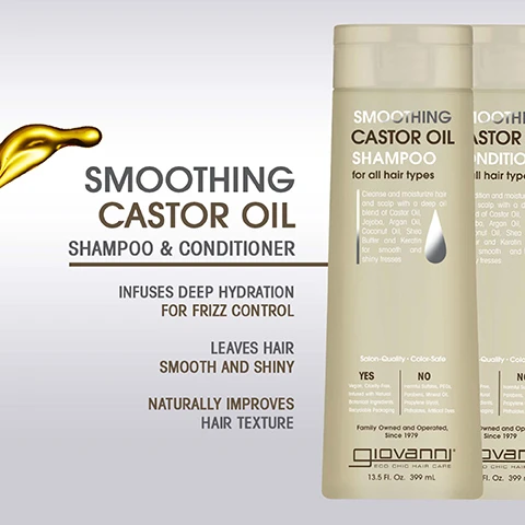 Image 1 - Image of two bottles of Giovanni Smoothing Castor Oil Shampoo and Conditioner, featuring visible text that states SMOOTHING CASTOR OIL SHAMPOO & CONDITIONER, Infuses deep hydration for frizz control, Leaves hair smooth and shiny, and Naturally improves hair texture.
Image 2 - The image features two hair care products from Giovanni labeled Smoothing Castor Oil Shampoo and Smoothing Castor Oil Leave-In Conditioner, with arrows pointing to each product, and text highlighting benefits such as improving hair texture, hydration for frizz control, and providing hair protection and manageability.
Image 3 - A light-colored background features a smear of hair product, with five green stars above a customer review that mentions the Castor Oil Shampoo and Conditioner, highlighting its positive effects on hair manageability and texture, attributed to a San Diego user.