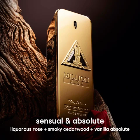 MILLION ELIXIR 100 me 3.4PLOZ pacorabonne 700128 7901188 sensual & absolute liquorous rose + smoky cedarwood + vanilla absolute