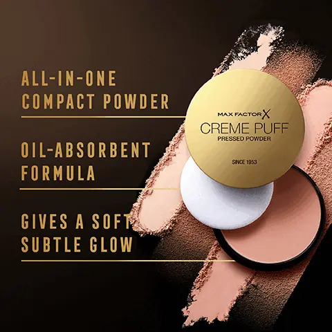 Image 1,  ALL-IN-ONE COMPACT POWDER OIL-ABSORBENT FORMULA GIVES A SOFT SUBTLE GLOW MAX FACTOR X CREME PUFF PRESSED POWDER SINCE 1953 Image 2,  EVEN AND INSTANTLY RADIANT SKIN Image 3,  "GIVES MY SKIN A VERY NICE MATTE FINISH. IT IS LIGHTWEIGHT AND DOES NOT FEEL CAKEY." SOURCE: MAXFACTOR.COM MAX FACTOR X CREME PUFF PRESSED POWDER SINCE 1953 Image 4,  USE ALONE WITH MOISTURIZER OR ON TOP OF FOUNDATION Image 5,  MAX FACTORX CREME PUFF PRESSED POWDER SINCE 1953 AVAILABLE IN A RANGE OF SHADES