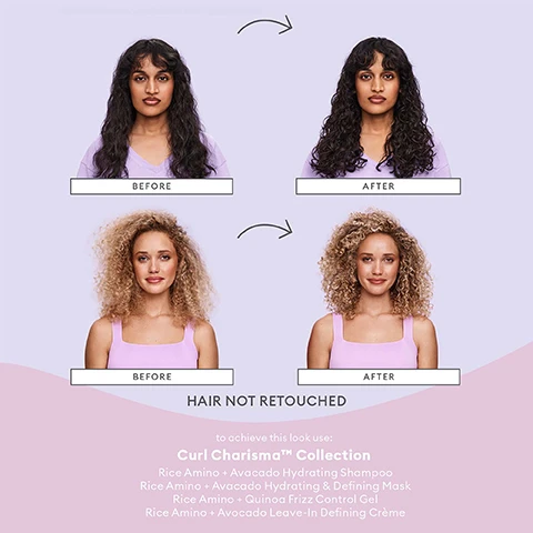 Image 1 - Image shows two women in a side-by-side comparison labeled before and after, showcasing their curly hairstyles with improved texture; visible text includes Curl Charisma™ Collection, Rice Amino + Avocado Hydrating Shampoo, Rice Amino + Avocado Hydrating & Defining Mask, Rice Amino + Quinoa Frizz Control Gel, Rice Amino + Avocado Leave-In Defining Crème, and HAIR NOT RETOUCHED.
Image 2 - Image shows various ingredients for hair care: rice amino acids, quinoa extract, tomato fruit ferment, and keratin amino acids, each with a description of their benefits for hair health, including sealing cuticles and enhancing texture.
Image 3 - Two tubes of Briogeo Curl Charisma hair care products are displayed on a light purple background, with the text Curl Charisma™ Collection moisturizes and helps to define + de-frizz curls.
Image 4 - A circular graphic on a light pink background promoting 6-free hair care with labels stating NO Silicones, NO Harsh Sulfates, NO Parabens, NO Phthalates, NO DEA, and NO Artificial Dyes, along with icons indicating that the product is vegan, cruelty-free, and gluten-free.