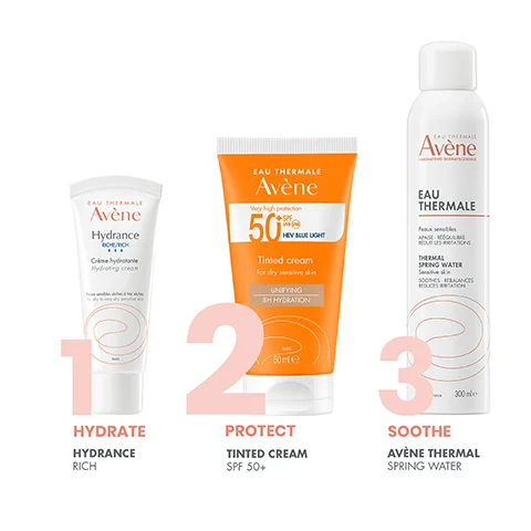 Image 1 - Image shows three skincare products from Avène, labeled as 1 HYDRATE Hydrance rich, 2 PROTECT TINTED CREAM SPF 50+, and 3 SOOTHE Avène Thermal Spring Water with corresponding icons and descriptions.