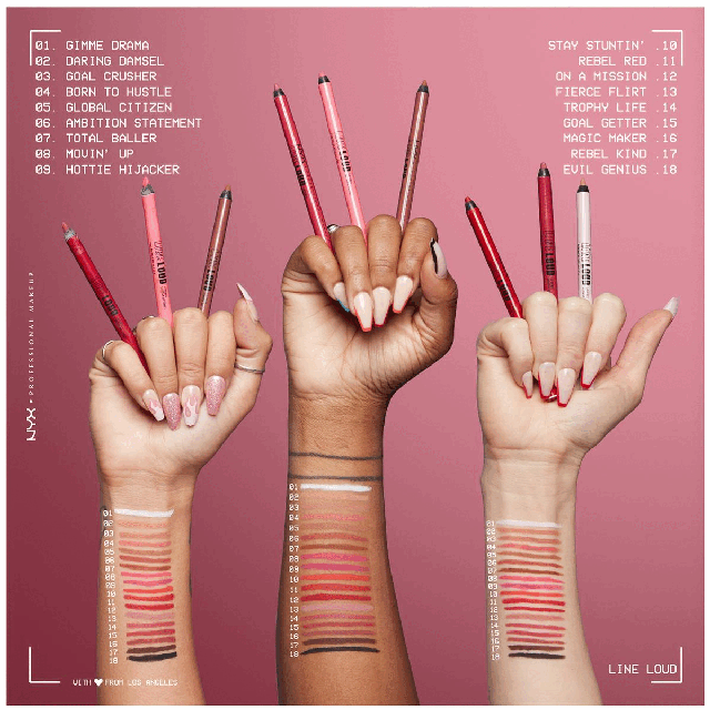 Image 1, arm swatches. Image 2, Get in line with all day loud colour, transfer resistant, fade resistant, smudge resistant