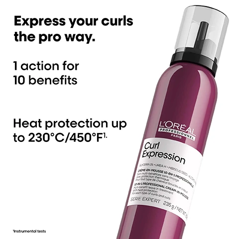 Image 1 - A bottle of LOréal Professional Curl Expression product with a purple design, displaying text that reads Express your curls the pro way. 1 action for 10 benefits Heat protection up to 230°C/450°F.
Image 2 - The image displays four side-by-side comparisons of hairstyles labeled Before and After, showing transformations from frizzy or unstyled curls to defined and smooth curls, with a selection of hair care products at the bottom and the text Express your curls the pro way.
Image 3 - Three bottles of LOréal Curl Expression hair care products are displayed: a cleanser, a treatment jar with a creamy texture, and a styling spray, accompanied by the text The curl protection professional routine and numbers 01, 02, and 03 for each step.
Image 4 - A close-up of a round flask containing swirling pink liquid, with text that reads Urea H + Hibiscus Seed Super hydrating actives.
Image 5 - Image shows a step-by-step guide for applying a hair product, including three numbered steps: 01 Apply starting from ends to lengths with a scrunching motion, 02 Follow with the drying accelerator spray for quicker drying, and 03 Air dry or blow dry.