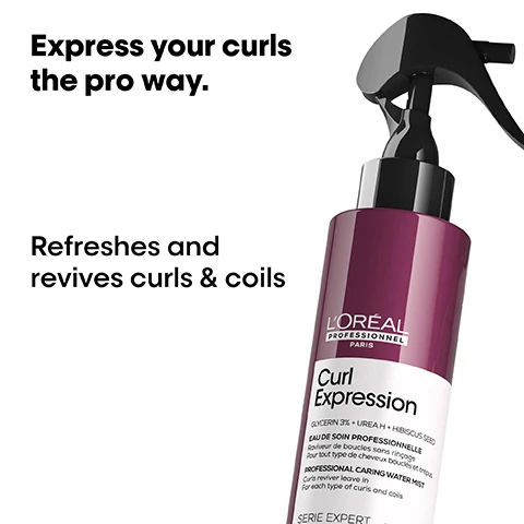 Image 1 - A bottle of LOréal Professional Curl Expression curl-refreshing spray with a black spray nozzle, accompanied by text that reads Express your curls the pro way and Refreshes and revives curls & coils.
Image 2 - The image shows four side-by-side comparisons of hair styles labeled Before and After, highlighting the transformation of curl textures, with products for curl styling displayed below and the text Express your curls the pro way visible.
Image 3 - An image showing three hair care products from LOreals Curl Expression line, labeled as Cleanse, Moisturize, and Revive, with a background of cream and the text The curl protection professional routine.
Image 4 - A colorful droplet with a swirling pink and purple design contains text that reads Urea H + Hibiscus Seed: Super Hydrating actives.
Image 5 - Image shows a step-by-step guide on applying hair care products, featuring a woman with curly hair in three sections: the first section shows a side view of a woman wetting her hair, the second section depicts a close-up of a womans face as she towels dry and sections her hair, and the third section illustrates a close-up of curly hair being sprayed, along with the text: How to apply like a Pro. 01 Wet your hair. Apply shampoo. Rinse. 02 Towel dry and section hair. Scoop 2 fingers’ worth of product per section. Lather. Work through your curls from 1-2 min. 03 Spray on curls & coils every morning after pillow friction.