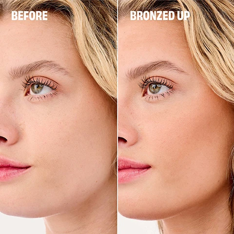 Image 1 - A side-by-side comparison shows a young woman before and after bronzing; the left side reads BEFORE while the right side reads BRONZED UP.
Image 2 - A woman with a headscarf and earrings smiles as she holds a compact of Hoola medium deep bronzer, with text highlighting its features: Hoola, Silky-soft buildable powder, Natural-looking matte finish, 12-hour longwear* & smudge-proof.
Image 3 - A pink and purple boxed product featuring two sizes of bronzer, with the left box labeled mini and the right box labeled full size, and visible text that reads every day is a hoola day and benefit.