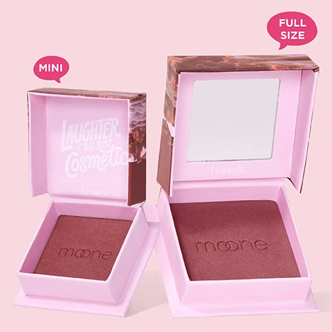 Image 1 - Two open blush compact boxes side by side, one labeled MINI and the other FULL SIZE, featuring the text LAUGHTER IS THE BEST Cosmetic on the lid of the mini box, and a mirror on the full-size box, both with a blush product inside.
Image 2 - Three arms are displayed with a variety of horizontal color swatches ranging from light to deep shades of pink, peach, and brown against a light pink background, with visible text naming the shades: Dandelion, Shellie, Crystal, Sunny, Peachin, Butterfly, Willa, Starlaa, Java, Pompom, Moone, and Terra.
Image 3 - A variety of colored powders laid out in a grid, with labels indicating properties such as Silky-soft powder, Airbrushed & blurring effect, Blendable & buildable, Ultra-fine, Satins, shimmers & mattes, and Weightless.