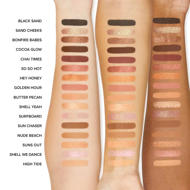 Image 1 - Displaying the shades included in the palette Text - BLACK SAND, SAND CHEEKS, BONFIRE BABES, COCOA GLOW, CHAI TIMES, SO SO HOT, HEY HONEY, GOLDEN HOUR, BUTTER PECAN, SHELL YEAH, SURFBOARD, SUN CHASER, NUDE BEACH, SUNS OUT, SHELL WE DANCE, HIGH TIDE