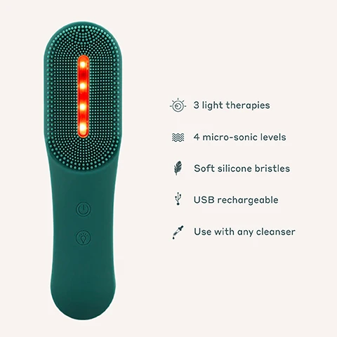 Image 1 - A green facial cleansing device with soft silicone bristles and an LED display showing three light therapies and four micro-sonic levels, accompanied by text indicating it is USB rechargeable and suitable for use with any cleanser.
Image 2 - Image shows three illustrations of LED treatments for skin with a focus on a device above the skin: the first labeled RED LED 620-750nm for lines and wrinkles, the second YELLOW LED 590-620nm for radiance and glow, and the third BLUE LED 476-495nm for blemishes and oiliness.
