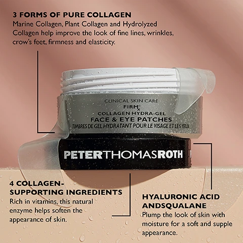 Image 1 - A jar of Peter Thomas Roth Collagen Hydra-Gel Face and Eye Patches is shown, with visible water droplets on the surface, alongside text highlighting ingredients and benefits related to collagen support and skin hydration.
Image 2 - A woman with long dark hair is shown in two circular images; the left image displays her wearing under-eye patches labeled Target Under-Eye Puffiness & Wrinkles, while the right image shows her with a forehead patch labeled Target Forehead, Nasolabial Folds & Lip Lines, all set against a black background.
Image 3 - Container of collagen hydro-gel face and eye patches showing several patches inside, with instructions on how to use them stating to apply on clean, dry skin for wrinkles, along with details on patch shapes and usage time.