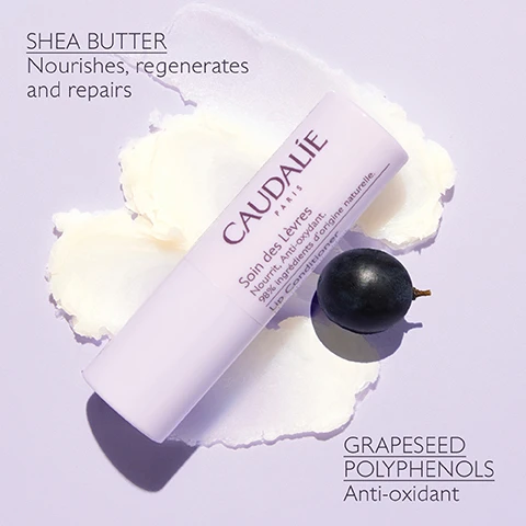 Image 1 - A lavender lip balm tube is placed on a white background with shea butter and a dark grape; the visible text includes SHEA BUTTER Nourishes, regenerates and repairs, CAUDALIE Soin des lèvres, and GRAPESEED POLYPHENOLS Anti-oxidant.
Image 2 - Close-up of a womans face applying a lip balm, with text stating Instantly soothes and 91% of women found their lips nourished and soothed*.
Image 3 - Image shows a close-up of lips before and after using a lip conditioner, with the text 91% of women found their lips nourished and soothed* and Unretouched results immediately after applying the Lip Conditioner along with the product name CAUDALIE displayed beside the lip balm tube.
Image 4 - A person is applying a tube of Caudalie moisturizer to their hand, with the text Protects against dehydration and 100% feelings of tightness reduced* displayed beside them.
Image 5 - A collection of skincare products arranged on a light purple background, including a jar of Replenishing Vegan Body Butter, a tube of Hand & Nail Repairing Cream, a tube of Hyaluronic Nourishing Body Lotion, and a tube of Foot Beauty Cream, with text labels indicating each products name.