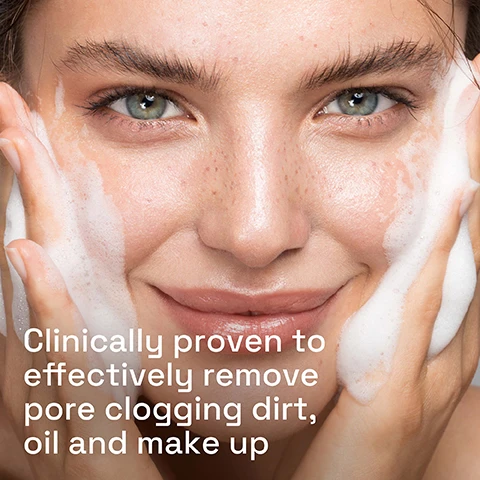 Image 1 - A young woman with clear skin is smiling while washing her face with foamy cleanser, and the image includes the text that reads clinically proven to effectively remove pore clogging dirt, oil and make up.
Image 2 - A close-up of a persons face with a rich cream-to-foam cleanser applied to the cheek, accompanied by visible text that reads Rich cream-to-foam cleanser for normal to dry sensitive skin.
Image 3 - A smooth, creamy drop of skincare product with text labeling the ingredients: B3 Niacinamide to Restore, B5 Panthenol Pro-Vitamin B5 + Aloe Vera to Soothe, along with the molecular formula C3H8O3 for Glycerin to Hydrate, set against a light blue background.
Image 4 - A person holding a bottle of Cetaphil Hydrating Foaming Cream Cleanser, with text that reads Fragrance-free, vegan & does not clog pores and a seal stating DERMATOLOGIST RECOMMENDED SENSITIVE SKIN.
Image 5 - Image depicts a skincare routine featuring four Cetaphil products arranged on a marble background, labeled with steps for dry to normal sensitive skin routine: STEP 1 CLEANSE, STEP 2 TARGET, STEP 3 MOISTURISE: AM, and STEP 4 MOISTURISE: PM.
Image 6 - A hand dispensing a foaming cleanser from a bottle onto an open palm with text that reads Maintains the skin’s natural protective barrier and pH to preserve the microbiome.
Image 7 - A bottle of Cetaphil Hydrating Foaming Cream Cleanser is displayed on a white countertop, with visible text that reads Skin Sensitivity 5 Signs, DEFENDS AGAINST, followed by Dryness, Irritation, Roughness, Tightness, Weakened Skin Barrier, and Dry to Normal, Sensitive Skin.
Image 8 - Logo of Cetaphil featuring the text #1 DERMATOLOGIST RECOMMENDED - CLEANSING BRAND on a blue background with green and light blue accents.