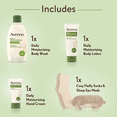 Image 1, Includes 1x Daily Moisturising Apricot & Honey Yogurt Body Wash 1x Daily Moisturising body lotion 1x daily moisturising hand cream and 1x cosy fluffy socks and sleep eye mask Image 2, gently cleanses and leaves your skin with a clean fresh feeling without drying Image 3, Clinically proven to moisturise for 24hrs Image 4, clinically proven heathier looking hands from the first use Image 5,nourish and protect step 1 body wash step 2 body lotion and step 3 hand cream