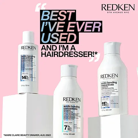 Image 1, REDKEN acidic bonding concentrate REDKEN acidic bonding concentrate REDKEN acidic bonding concentrate 14% 5150 7 300 11 300 REDKEN acidcbonding 2X STRONGER LOOKING HAIR GLOSSY SHINE 14X SMOOTHER* 78% EVM LESS VISIBLE SPLIT ENDS** "REPEATED GROOMING TEST ON BLEACHEDHAR ACDIC BONDING CONCENTRATE INTENSIVE PRE-TREATMENT SHAMPOO AND CONDITIONER VS CLASSIC SHAMPOO ACIDIC BONDING CONCENTRATE INTENSIVE PRE-TREATMENT + SHAMPOO AND CONDITIONER INSTRUMENTAL TESTONELEASHED HARVS CLASSIC SHAMPOO ***VISUAL GRADING ACIDIC PERFECTING CONCENTRATE LEAVE-IN TREATMENT Image 2, PROTECT WEAK BONDS* FOR DAMAGED HAIR MILD DRYNESS + DAMAGE Use Intensive Pre-Treatment with any Redken shampoo REDKEN REDKEN + 142 7 SEVERE DRYNESS + DAMAGE Use Intensive Pre-Treatment with the full Acidic Bonding Concentrate system *With continued use Image 3, EINFORCE WEAK BONDS* SAM VILLA 30012 DAMAGED BOND REPAIRED BOND *WITH CONTINUED USE OF ACIDIC BONDING CONCENTRATE INTENSIVE PRE-TREATMENT Image 4, BEST I'VE EVER USED REDKEN AND I'M A HAIRDRESSER!*