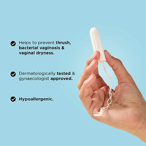 Image 1 - A hand holds a white tampons against a light blue background, with three text points stating it helps to prevent thrush, bacterial vaginosis, and vaginal dryness, is dermatologically tested and gynecologist approved, and is hypoallergenic.
Image 2 - A person is holding a tampon in one hand against a light blue background, with large text that reads 0% PLASTICS OR IRRITANTS and a small text label indicating 100% ORGANIC COTTON.
Image 3 - A person holds a variety of wrapped pads in their hands, with an infographic showing an absorbency guide labeled &SISTERS by Mooncup® on the left and Other Brands on the right, indicating light, medium, and heavy absorbency for &SISTERS and regular, super, and super plus for Other Brands.