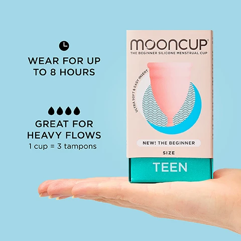 Image 1 - A hand holds a box of a beginner silicone menstrual cup with a pink illustration of the cup and text stating mooncup THE BEGINNER SILICONE MENSTRUAL CUP, WEAR FOR UP TO 8 HOURS, GREAT FOR HEAVY FLOWS, and 1 cup = 3 tampons, sized as TEEN.
Image 2 - A person holds a soft, pink silicone menstrual cup with visible labels indicating features such as easy insertion, volume markings for tracking, the capacity to hold three times more than a regular tampon, external ridges for a secure hold, and a pebble pull for smooth removal.
Image 3 - Image shows three pink menstrual cups on a green pedestal against a light blue background, accompanied by a chart titled FIND YOUR FIT, which displays options based on birth history and age categories.
Image 4 - Image shows two hands holding a pink silicone product that is being squeezed and manipulated, with text that reads DESIGNED FOR EASY INSERTION and ULTRA SOFT.