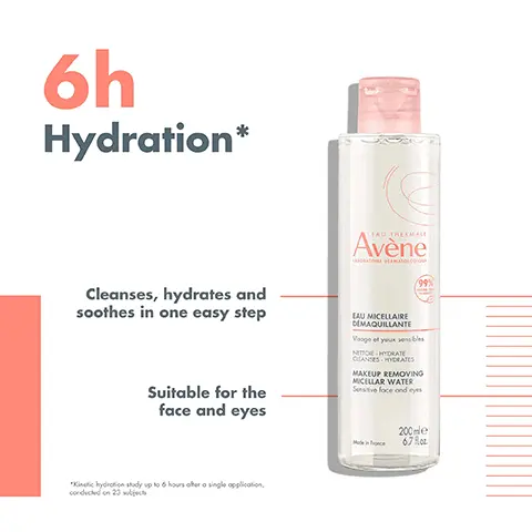 6h hydration. Cleanses, hydrates and soothes in one easy step. Suitable for the face and eyes. Kinetic hydration study up to 6 hours after a single application, conducted on 23 subjects. Cleansing, make-up removing, hydrating, 99% natural origin ingredients. 1, cleanse and remove make-up, make-up removing micelar water. 2, boost, hydrance boost concentrated hydrating serum. 3, hydrate, hydrance aqua-gel hydrating aqua cream-in-gel. Key ingredients, glycerin & trehalose, improves hydration and preserves the skins natural balance. Avene thermal spring water, soothing, softening and anti-irritating.