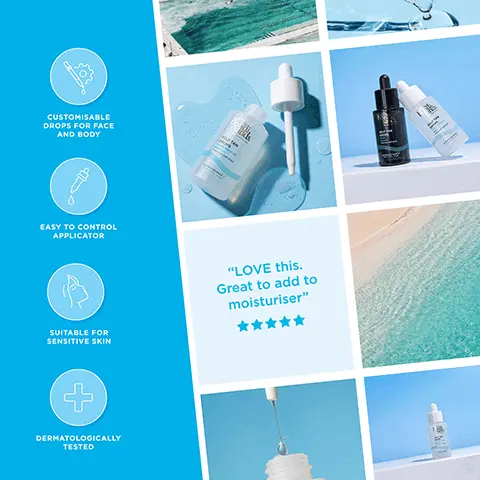 Image 1 - Image features a set of skincare products with customizable drops for face and body, alongside icons indicating features like easy applicator, suitability for sensitive skin, and dermatological testing; visible text reads LOVE this. Great to add to moisturiser, along with five stars for ratings.
Image 2 - An image of a hand holding a bottle of self-tanner with a light blue background, displaying tanning tips that include steps for application: step one emphasizes cleanliness, step two instructs on adding self-tan drops to moisturizer and applying, and step three advises on washing hands after use.