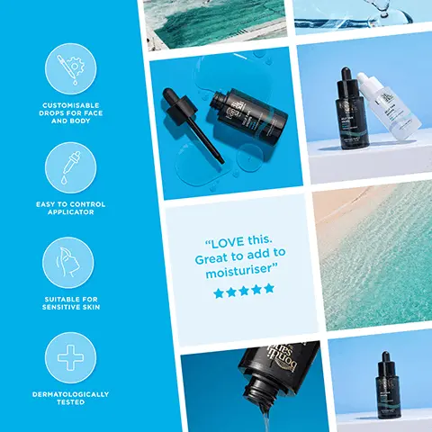 Image 1 - Image shows a blue background with various skincare product bottles, featuring a dropper for easy application, alongside icons indicating customization, suitability for sensitive skin, and dermatological testing, with the text LOVE this. Great to add to moisturiser and a five-star rating.
Image 2 - A hand holding a bottle of self-tanning drops with blue background features text TANNING TIPS and three steps for application: STEP 1: Ensure face and body is clean, dry and free from any product. STEP 2: Add 4-12 Self Tan Drops to your face or body moisturiser, mix well and apply evenly over face or body. When applying to your face,avoid eyes. Increasing the number of drops will result in a deeper tan. STEP 3: Wash hands thoroughly after use. Do not apply any other skincare products until colour has developed. For best results, leave on skin for at least six hours. Re-apply as desired.