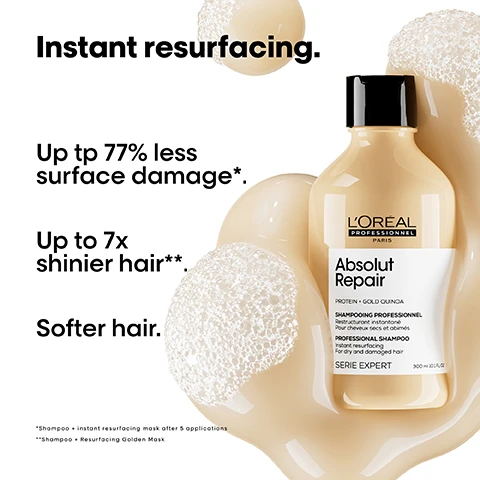 Image 1 - Image of a bottle of LOréal Professionnel Absolut Repair shampoo with a light, creamy background and bubbles, featuring text that states Instant resurfacing, Up to 77% less surface damage*, Up to 7x shinier hair**, Softer hair, and includes product details and disclaimers at the bottom.
Image 2 - A tube of LOréal Professionnel Absolut Repair conditioner is displayed with text highlights including Instant resurfacing, Instant hydration, Shinier & softer hair, and Lightweight touch.
Image 3 - Image of three hair care products from LOréal Professionnel arranged in a line: a shampoo bottle labeled Absolut Repair with PROTEIN - GOLD QUINOA and PROFESSIONAL SHAMPOO text, a conditioner tube labeled Absolut Repair with PROTEIN - GOLD QUINOA and PROFESSIONAL CONDITIONER text, and a serum bottle labeled Absolut Repair Oil with WHEAT GERM OIL text, along with the statement The daily anti-damage professional routine.
Image 4 - A person with long blonde hair is shown from the back, with the left side labeled Before displaying frizzy hair and the right side labeled After showing smooth, straight hair next to three hair care products; the image includes the text Not retouched at the bottom.
Image 5 - An abstract golden oil droplet appears against a black background with the text THE TECH Wheat protein Strengthens and restores prominently displayed, and a smaller box at the bottom right contains the text On the surface Resurfaces and seals the cuticles maintaining hydration.