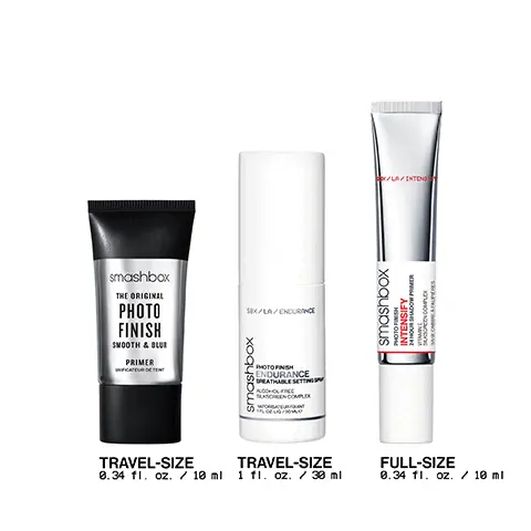 Image 1: Travel size 0.34 fl.oz/10ml, Travel size 1 fl.oz/30ml and full size 0.34 fl.oz/10ml comparison. Image 2: Intensifies shadow colour before and after model shots, Helps shadow stay up for up to 24 hours. Image 3: The original photo finish smooth and blur primer makeup sponge test comparison with and without primer results. Image 4: Lasting hydration immediately hydrates skin for 16 hours
