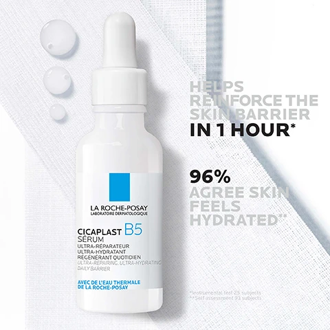 Image 1 - Image shows a white serum dropper bottle labeled LA ROCHE-POSAY CICALPLAST B5 SÉRUM featuring a blue square logo, with a background of light textures and droplets, including the text HELPS REINFORCE THE SKIN BARRIER IN 1 HOUR* and 96% AGREE SKIN FEELS HYDRATED**.
Image 2 - Image of La Roche-Posay skincare products on a white tray, featuring a tube of Cicaplast Baume B5+ and a dropper bottle of Cicaplast B5 Serum, with the text SKIN TYPES: SENSITIVE SKIN, ALL SKIN TYPES; BENEFITS: REINFORCE SKIN BARRIER, ULTRA-HYDRATING, SOOTHING.
Image 3 - A close-up of a persons face is shown on the left side, partially obscured by a translucent layer, with blue background text that reads APPLY EVERY MORNING AND NIGHT.
Image 4 - Image shows three skincare products from La Roche-Posay: a bottle of Cicaplast B5 Lavant, a bottle of Cicaplast B5 Serum, and a bottle of Anthelios Age Correct SPF 50, with the numbers 1, 2, and 3 displayed above each product. Visible text includes Cicaplast B5 Lavant, Cicaplast B5 Serum, and Anthelios Age Correct Photocorrection Quotidien Daily.
Image 5 - A persons gloved hand holds a dropper bottle of La Roche-Posay Cicaplast B5 Serum, with text indicating it is the number one dermatologist recommended brand in the UK.
Image 6 - Close-up of abstract cells with droplets on a blurred blue background, featuring the text Vitamin B5 helps to reinforce skin barrier.
Image 7 - A close-up of a persons face showing a hand applying a clear skincare product to the cheek, with the words reinforcing skin barrier, ultra-hydrating, and soothing displayed around the image.