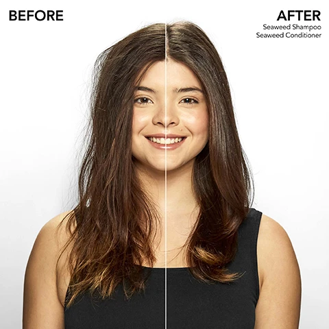 Image 1 - A woman with wavy hair smiles, showcasing the left side with dry, frizzy hair labeled BEFORE and the right side with smooth, shiny hair labeled AFTER, with text reading Seaweed Shampoo and Seaweed Conditioner on the right.
Image 2 - A bottle of Bumble and bumble Seaweed Shampoo is placed against a light green background, featuring text that states SEAWEED SHAMPOO infused with royal sugar kelp, Pacific sea kelp, and green microalgae and 91% SHOWED IMPROVED SCALP HYDRATION*; the bottle is labeled as 8.5 FL OZ and mentions gentle cleansing for refreshing hair and balancing scalp moisture.
Image 3 - Image of a green background with text highlighting a seaweed product collection, stating MINDFULLY CRAFTED SEAWEED COLLECTION, followed by INFUSED WITH ROYAL SUGAR KELP, PACIFIC SEA KELP, GREEN MICROALGAE, and includes icons with the text 93%+ NATURALLY DERIVED INGREDIENTS*, VEGAN, 100% RECYCLED PACKAGING.
Image 4 - A green bottle of Bumble and bumble Seaweed Shampoo is displayed on a light green background, with icons around it illustrating its features: gentle, lightweight, adds shine, hydrates, color-safe, free of sulfate cleansers, and non-stripping; the bottle label states Bumble and bumble Bb. seaweed SHAMPOO infused with a trio of nutrient-rich seaweeds and includes a description of its benefits.