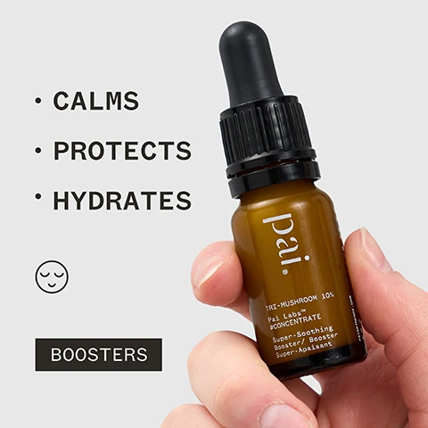 Image 1 - A person is holding a brown bottle of skincare concentrate with a dropper cap, featuring the text CALMS, PROTECTS, HYDRATES, along with the brand name Pai and the product identifier TRI-MUSHROOM 10% Pai Laitrate Concentrate, while a smiley face icon and the word BOOSTERS are also visible.
Image 2 - A close-up of a person holding a small brown bottle of skincare oil near their neck, with visible text stating soothing, calming and restores my skin to peace, Miriam T, along with various certification logos.