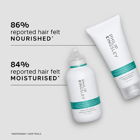 Image 1 - Image shows two hair care products from Philip Kingsley, along with text indicating that 86% of users reported their hair felt nourished and 84% reported it felt moisturised, with a note about independent user trials.
Image 2 - A side-by-side comparison of a persons hair showing the left side labeled BEFORE with long, straight, and frizzy hair, and the right side labeled AFTER with glossy, wavy, and styled hair.
