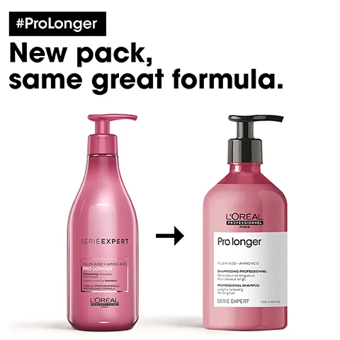 Image 1, new pack, same great formula. image 2, filler A100, amino acid. image 3, your length renewing home routine. 1 = cleanse. 2 = treat. 3 = protect. image 4, before and pro longer. image 5, 500ml