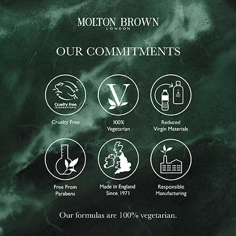 our commitments, cruelty free, 100% vegetarian, reduced virgin materials, free from parabens, made in england 1971, responsible manufacturing, our formulas are 100% vegetarian.
