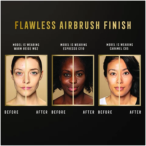 Image 1, spf 20, climate proof protection, up to 30 hour wear. Image 2, 3 in 1 formula foundation, primer and concealer. Image 3, full coverage, flawless and airbrush finish. Image 4, before and after. Image 5, primer for a smooth, even base. concealer corrects for a flawless look.