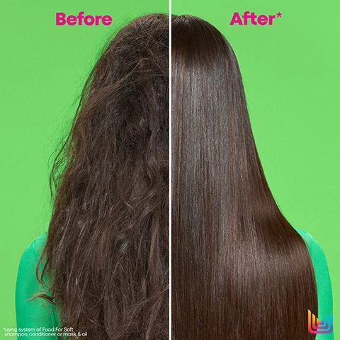 Image 1 - A split image showing the left side with frizzy, curly hair labeled Before and the right side with sleek, straight hair labeled After, both against a bright green background, with additional small text below indicating using system of Food For Soft shampoo, conditioner or mask, & oil.
Image 2 - A split image shows frizzy, unstyled hair on the left labeled Before and smooth, defined curls on the right labeled After* against a bright green background, with a note *using system of Food For Soft shampoo, conditioner or mask, & oil at the bottom.
Image 3 - Profile view of a person with short, light blonde hair, showing a comparison between their hair condition labeled Before on the left and After* on the right with a bright green background, featuring visible text at the bottom that reads *using system of Food For Soft shampoo, conditioner or mask, & oil.
Image 4 - Image shows two dollops of creamy hair product on a green background with text stating 7x More Hydration*, 72 Hours Of Softness*, and For All Dry Hair.
Image 5 - A close-up of a creamy, white hair product on a green background with text stating 7x More Hydration*, 72 Hours Of Softness*, and For All Dry Hair.
Image 6 - A hand holding a green bottle of Matrix hair conditioner with text stating 7x More Moisture, Infused with avocado oil + hyaluronic acid, and Leaves hair feeling soft + hydrated.
Image 7 - A person holding a green bottle of hair serum against a bright green background, with large text stating 7x More Moisture, and bullet points indicating it is infused with avocado oil, provides 450° F / 230° C heat protection, and guarantees 72 hours of seriously soft and smooth hair.
Image 8 - A hand holding a green shampoo bottle labeled matrix Food For Soft against a bright green background, with text stating 7x More Moisture, Infused with avocado oil + hyaluronic acid, and Leaves hair feeling soft + hydrated.
Image 9 - A green bottle of hair treatment labeled Food For Soft by Matrix is displayed on a bright green background with a dropper beside it, featuring promotional text that reads 6x More Hydration*, Shine & Heat Protection, and For All Dry Hair.
Image 10 - A woman with curly hair smiles as she holds a green bottle labeled Food For Soft matrix in front of a bright green background.