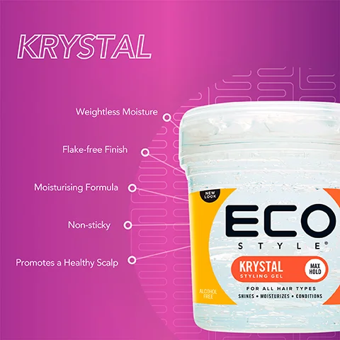 Image 1 - A jar of Eco Style Krystal Styling Gel is displayed against a pink background, featuring text that highlights its benefits: Weightless Moisture, Flake-free Finish, Moisturising Formula, Non-sticky, and Promotes a Healthy Scalp.