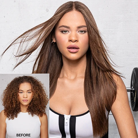 Image 3 - The image shows a woman with long, straight hair blowing in the wind on the right, and a smaller inset image beneath her showing the same woman with curly hair labeled BEFORE.
Image 4 - Image depicts a comparison chart for hair products, with two sections labeled Choose Extra Strength Dream Coat and Choose Dream Coat, detailing hair types and styling goals, accompanied by images of women with various hairstyles; visible text includes NEW!, If your hair is: Extremely dry, dehydrated or very curly/coily, And your style goal is: Glossy-smooth, humidity-resistant, frizz-free style that lasts, If your hair is: Straight, wavy or curly but frizzy, and And your style goal is: Glossy-smooth, humidity-resistant, frizz-free style that lasts.
Image 5 - Image showing a comparison of hair before and after treatment, with four sections highlighting the results for extremely dry, dehydrated hair and curly/coily hair, featuring the text: MORE MUSCLE, MORE MOISTURE, STRONGER ANTI-FRIZZ POWER, FOR EXTREMELY DRY, DEHYDRATED HAIR, and + CURLY/COILY HAIR.
Image 7 - A silver spray bottle labeled WOW with the text EXTRA STRENGTH DREAM COAT ULTRA-MOISTURIZING ANTI-FRIZZ TREATMENT straight, smooth, glass, hair results infuses moisture + frizz-proof for days is shown on a white background, identified as TRAVEL SIZE.
Image 8 - A silver spray bottle labeled WOW COLORWOW DREAM COAT EXTRA STRENGTH / SUPER SOLIDE sits against a light background, with a text note stating SUPER SIZE at the bottom.