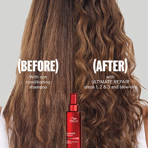 Image 1 - A split image of long brown hair, showing a before side with dull, frizzy strands and an after side with smooth, defined waves, featuring a red Wella Professionals Ultimate Repair product bottle at the bottom. (BEFORE) With non conditioning shampoo (AFTER) with ULTIMATE REPAIR steps 1, 2 & 3 and blow-dry WELLA PROFESSIONALS ULTIMATE REPAIR WITH AHA & OMEGA-9 STEP 3 MIRACLE HAIR RESCUE LEAVE-IN. Image 2 - A large, translucent drop contains two red spheres, one labeled AHA and the other Omega-9, with text stating Patented Technology, Rebuild Bonds Inside with AHA, and Replenish Hair Outside with Omega-9. Image 3 - A split image demonstrates a hair transformation, with the left side showing frizzy dark hair labeled (BEFORE) With non conditioning shampoo, and the right side showing smooth, defined dark curls labeled (AFTER) with ULTIMATE REPAIR steps 1, 2 & 3 and blow-dry, alongside a red Wella Professionals Ultimate Repair bottle with text ULTIMATE REPAIR WITH AHA & OMEGA-9 STEP 3 MIRACLE HAIR RESCUE LEAVE-IN. Image 4 - A close-up of dark red flower petals with white text overlaid reading FRAGRANCE The Tender Petal fragrance is a floral fruity green, with a delicate blend of peony and rose.