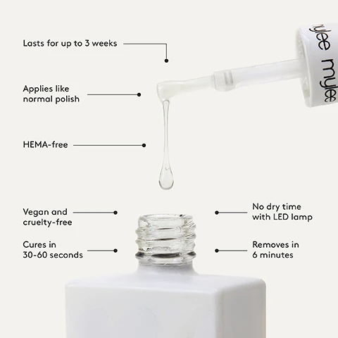 Image 1, lasts for up to 3 weeks. applies like normal polish, hema free, vegan and cruelty free, cures in 30-60 seconds, no dry time with LED lamp, removes in 6 minutes. image 2, step by step. 1 = prep, push back your cuticles, file, buff and cleanse with a lint free wipe soaked in mylee prep and wipe. 2 = base, apply the mylee base coat and cure for 30-60 seconds using the mylee pro LED lamp, remove any gel on your skin before curing. 3 = colour, brush on your chosen mylee gel polish and cure for 30-60 seconds using the mylee pro LED lamp - repeat to build up the colour. 4 = finish, apply a mylee top coat and cure for 30-60 seconds for regular top coats, remove the sticky layer by wiping the nails with a lint-free wipe soaked in mylee prep and wipe, wash your hands, moisturise and voila you're all set. image 3, effectively removes gel polish, works in just 6 minutes, applies like polish with a brush, effortless to scrape off, no need for foils or faff, up to 2.5 times faster than regular removls, vegan and cruelty free, safe HEMA free formula. image 4, step by step, 1 = buff your nails to remove the shine of the top coat. 2 = apply a generous layer of magic gel remover over the gel avoiding your skin. 3 = wait leave it on for 6 minutes during this time it should start to bubble. 4 = scrape, use a scraper or a cuticle pusher to scrap off the polish. wash your hands after use and you're good to go