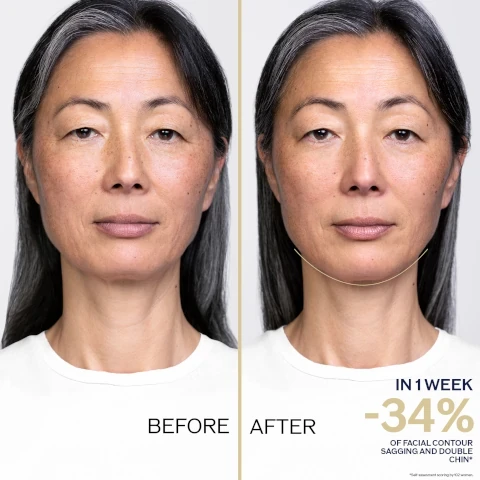 image 1, before and after. in one week -34% of facial contour sagging and double chin. self assessment scoring by 102 women. image 2, 95% saw a more sculpted look. consumer test with 102 women, one time use. image 3, nightG3N3 helps restore and prevent damage. licorice extract supports skin's natural anti-gravity system. lock in texture - for intensive action throughout the night.