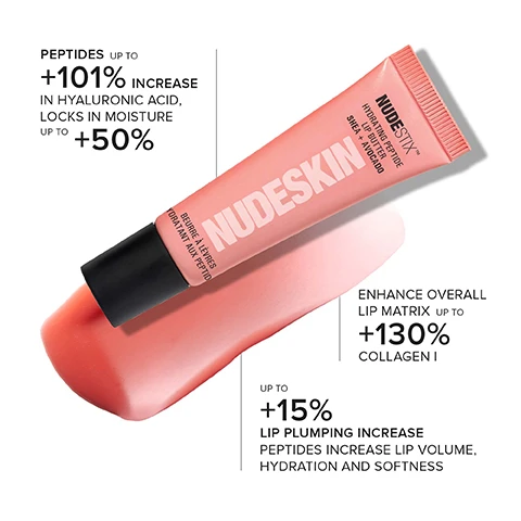 Image swatches of dolche nude, candy kiss, sugar plum. Image 2, before and after sugar plum, after candy kiss, after dolche nude. Image 3, dolche nude, candy kiss and sugar plum on 3 different skin tones. Image 4, 86% of consumers agreed that their lips looked juicer after first use. 100% of consumers agreed that their lips felt moisturized after first use. 100% of consumers agreed that their lips felt soft after first use. Image 5, increase hyaluronic acid up to 101% and locks in moisture up to 50%. enhance overall lip matrix up to 130%. up to 15% increase in lip plumping. Image 6, avocado butter, 2% tripeptide complex, shea butter. Image 7, why it works hydra peptide lip butter. avocado butter is an antioxidant that hydrates and softens. shea butter has vitamin a and e that softens, soothes and protects. 2% tripeptide complex has peptides which plump, lock in moisture and add volume. 3 in 1 lip butter - hydrating, plumping gloss. Image 8, swatches of dolche nude, candy kiss and sugar plum