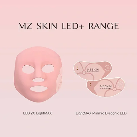 Image 3 - A light pink background displays a pink full-face LED mask on the left and two smaller, curved pink LED devices for the eye area on the right, with visible text MZ SKIN LED+ RANGE, LED 2.0 LightMAX, MZ SKIN BY DR. MARYAM ZAMANI, LightMAX MiniPro Eyeconic LED.