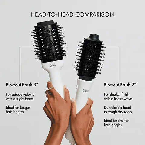 Image 1, FEATURES Detachable brush head- designed for rough drying + easy storage 3 heat/speed settings
1200W of professional drying power 10 ft swivel cord. Image 2,HEAD-TO-HEAD COMPARISON Blowout Brush 3 For added volume with a slight bend Ideal for longer hair lengths FON BOOST Blowout Brush 2 For sleeker finish with a loose wave Detachable head to rough dry roots Ideal for shorter hair lengths Image 3,PRO TIP Add tension to help reduce frizz