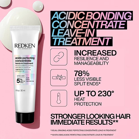 Image 1, acidic bonding concentrate leave in treatment. Increased resilience and manageability. 78% less visible split ends. up to 230 degree heat protection. stronger looking hair immediate results. visual grading acific perfecting concentrate leave in treatment. when using acidic perfecting concentrate leave in treatment. image 2, maire claire beauty drawer august 2022 - best i've ever used and i'm a hairdresser.