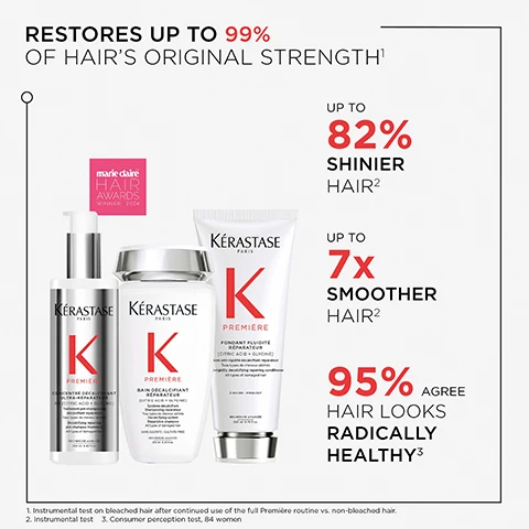 Image 1 - An image of three Kérastase hair care products, featuring text that states it restores up to 99% of hairs original strength, up to 82% shinier hair, up to 7 times smoother hair, and 95% agree hair looks radically healthy, along with a badge indicating a Marie Claire Hair Awards winner for 2024.
Image 2 - An illustration showing the steps of the Kérastase Première professional layering technique with three images: Step 1: a person applying pre-shampoo to their palm, with the text ACTIVATE REPAIR above; Step 2: a person layering shampoo on their palm with the text CLEANSE & REPAIR above; Step 3: a person holding a conditioner tube with the text CONDITION & REPAIR above, along with visible instructions for each step.
Image 3 - Image of two test tubes filled with different hair treatment formulas, with text indicating the ingredients: 5% Glycine with a description of Rebuild broken bonds between keratin chains to reduce breakage and 3% Pure Citric Acid with a description of Acts on inner & outer hair layer to neutralise dullness and stiffness. The top header reads Formulated with professional grade ingredients.
Image 4 - The image shows four women with different hair types in a grid format, each pair showing a before and after comparison of their hair; the visible text includes SUITABLE FOR ALL HAIR TYPES, FOR ALL DAMAGE, and TO HELP along with a list of hair concerns and benefits.
Image 5 - Image shows a dollop of white creamy foam on a light background with visible text reading WHITE CREAMY TEXTURE, VOLUPTUOUS FOAM and PRÉMIÈRE DECALCIFYING REPAIRING SHAMPOO.
Image 6 - A smooth, white, jelly-like texture is displayed on a light background, with visible text reading PREMIÈRE ANTI-RIGIDITY DECALCIFYING REPAIRING CONDITIONER.
Image 7 - A smiling man with wavy hair wearing a dark blazer and white shirt is featured alongside the text stating his name, HOVIG ETOYAN, Global Professional Ambassador, and a message about addressing damaged hair concerns in a salon.
Image 8 - A man with a beard is wearing a white lab coat over a black shirt, standing against a light gray background, with text stating that women report persistent hair damage despite using various repairing products, mentioning excessive calcium in rinsed water weakens hair and introducing a solution that includes citric acid and glycine for repair.