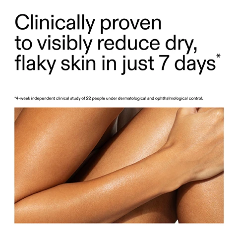 Image 1 - The image shows a persons healthy-looking, hydrated arms and legs, accompanied by the text Clinically proven to visibly reduce dry, flaky skin in just 7 days* and a footnote that reads *4-week independent clinical study of 22 people under dermatological and ophthalmological control. Image 2 - Close-up of moisturized, tan skin on arms and legs, with text that reads: Clinically proven to reveal brighter, smoother & more even body skin in just 1 week*, Clinically proven to strengthen skin barrier & significantly improve & maintain hydration*, Clinically proven to visibly reduce dry, flaky skin in just 7 days*, *4-week clinical trial of 21 people. Image 3 - A persons neck, collarbone, and shoulder against a white background, with text that reads Why we love it, Brightens and evens skin tone, Water-cream texture, fast-absorbing, non-sticky, Dual-action formula exfoliates and hydrates in one. Image 4 - A white blob of cream is on the right side of a white background, with text on the left detailing product benefits: Why it works; 3% PHA (Gluconolactone) GENTLY EXFOLIATES AND HYDRATES FOR SMOOTHER, BRIGHTER SKIN; Jojoba SOFTENS, SMOOTHS AND LOCKS IN MOISTURE; Rice Bran NOURISHES AND HELPS EVEN TONE. Image 5 - A dark-skinned hand holds a white and black tube of THE INKEY LIST PHA EXFOLIATING AND HYDRATING BODY WATER CREAM, while text on the left explains How to use: USE AM/PM. APPLY ONTO CLEAN, DRY SKIN AND GENTLY MASSAGE IN. CIRCULAR MOTIONS. INKEY TIP: Ideal to help prep skin before applying fake tan. Use regularly in the week before applying fake tan to help gently exfoliate and create a smooth base.