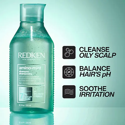 Image 1 - A bottle of Redken Amino-Mint Shampoo on a light blue background, with text indicating its benefits: cleanse oily scalp, balance hairs pH, and soothe irritation.
Image 2 - A clear green shampoo bottle labeled Redken Amino-Mint Shampoo stands next to a glass container with fresh mint leaves, accompanied by text stating Amino Acid Strength Complex, Formulated with Mint, and 7% pH Balanced Formula.
Image 3 - A bottle of Redken Amino-Mint shampoo is shown against a soft blue background, with a small bowl of mint leaves beside it, and the text reads REMOVES BUILDUP and COMBATS OILY SCALP.
Image 4 - Image shows a comparison of hair before and after using Amino Mint Shampoo, with the top half labeled BEFORE showing flat, lifeless hair and the bottom half labeled AFTER ONE USE OF AMINO MINT SHAMPOO displaying fuller, healthier-looking hair.
Image 5 - A transparent bottle of Redken Amino-Mint shampoo, labeled MIRACLE SHAMPOO, displays a five-star rating and a customer review stating it is a game changer for greasy hair and oily scalp, with a noticeable difference from the first use.
Image 6 - A bottle of shampoo is shown with a portion of creamy product on the cap, accompanied by text that reads 10X SMOOTHER*, 10X EASIER TO DETANGLE*, and 7X MORE CONDITIONED*.
Image 7 - A close-up of a creamy white substance with artfully arranged layers, featuring the text ARGAN OIL HELPS MOISTURISE DRY HAIR.
Image 8 - A before-and-after comparison image showing two women with long, straight black hair; the left side labeled BEFORE depicts dull, frizzy hair, while the right side labeled AFTER* shows smooth, shiny hair.
Image 9 - A hand holds a bottle of Redken product dispensing a creamy substance into another hand, with visible text that reads ADD INTENSE SOFTNESS & SHINE.